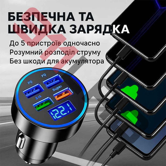 Автомобільний адаптер у прикурювач з вольтметром та 4 USB-портами (3.1A)
